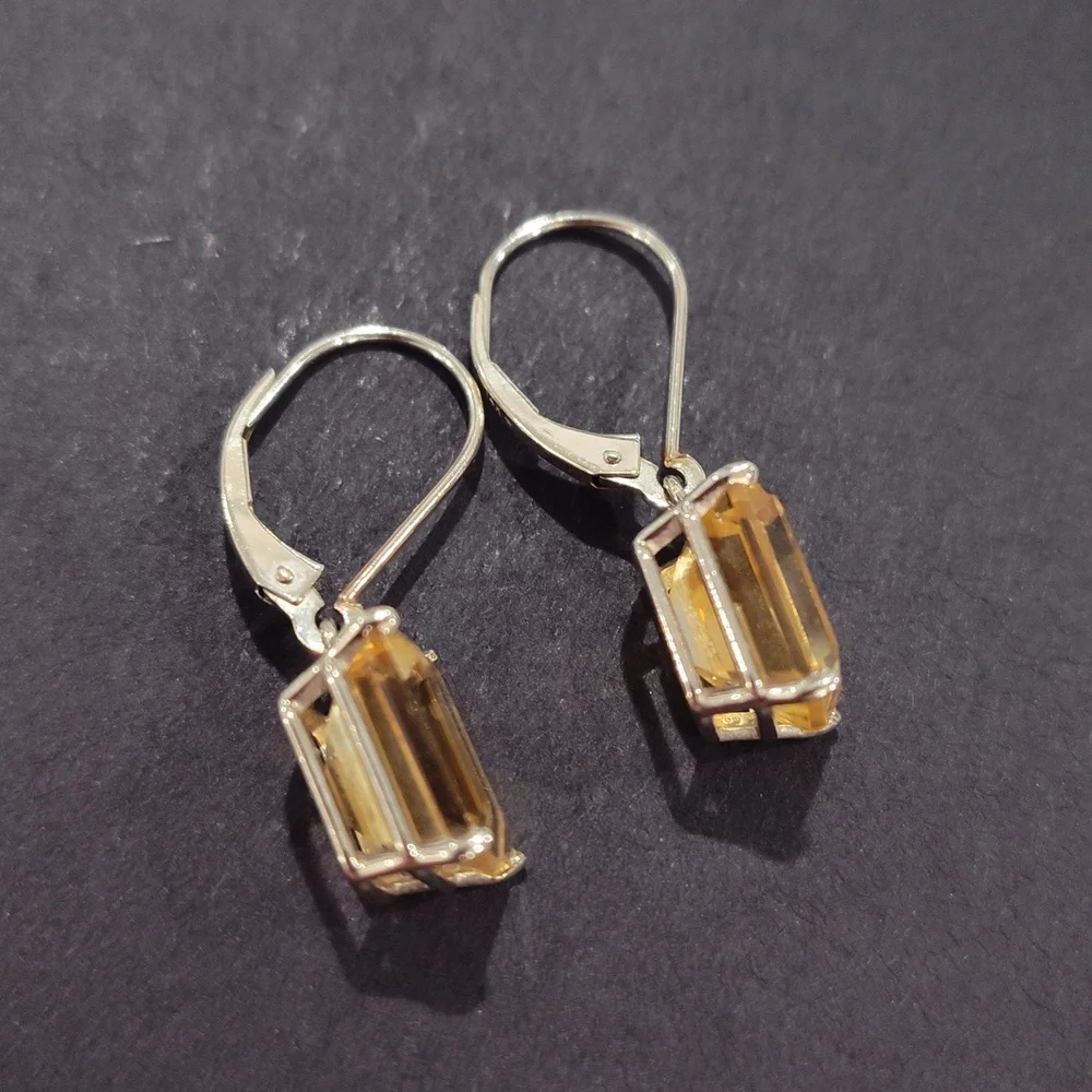 14k White Gold Emerald Cut Citrine Leverback Earrings - Picture 5 of 15